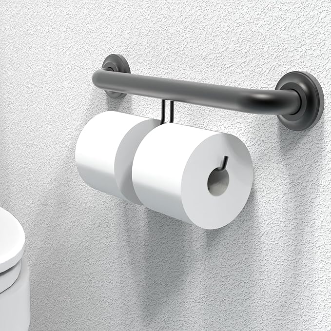 ADA Compliant Grab Bar with Toilet Paper Holder (2 Mega Rolls), 500lbs Weight Support, 1-1/4 x 16 inch for Stud Mount, Matte Black