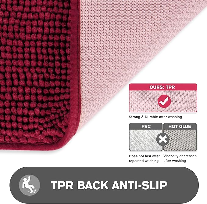 Vivid Burgundy Bathroom Rugs – Absorbent and Washable Bath Mat, Non-Slip, Thick Soft Chenille Bath Rugs for Bathroom Floor, Shower, Sink - 24" x 36"
