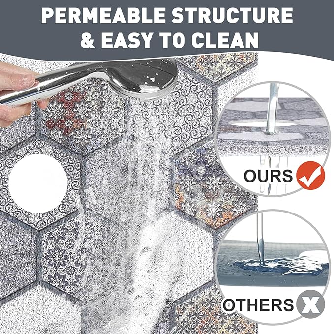 Square Shower Mat Non Slip: 32 x 24 Inch Extra Large Shower Mats with Drain Hole in Middle - PVC Loofah Anti Slip Shower Floor Matt for Inside Shower