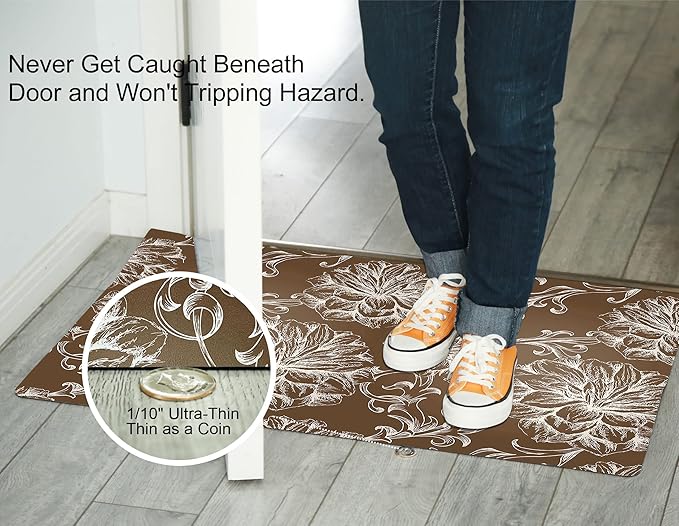 1/10 Inch Ultra Thin 24"×35" Large Front Door Mat Indoor Entrance Inside Non Slip, Waterproof Rubber Kitchen Mat and Interior Home Washable Door Mat, Baroque Brown