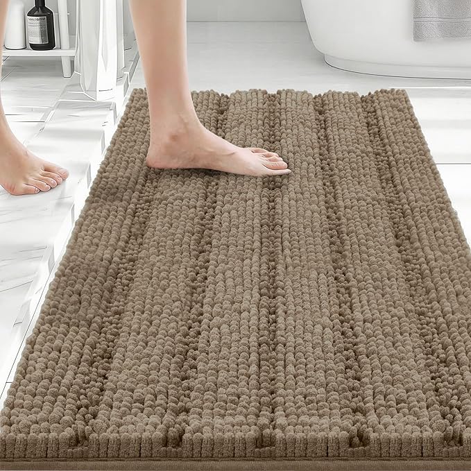 Bcoimo 30"×20" Chenille Bath Mat – Non-Slip with Backing Bath Rug Ultra-Absorbent and Machine Washable Bathroom Mat Quick-Dry Design. Ideal for Bathroom and Tub Areas