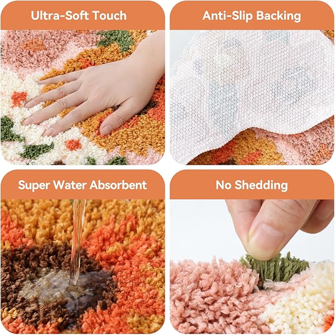 TRUEDAYS Wildflower Floral Bathroom Rug - Cute Tufted Non Slip Soft Flower Shaped Bath Mat, Washable Farmhouse & Cottagecore Bathroom Decor - Aesthetic Orange Rug for Vanity, Tub, Entryway