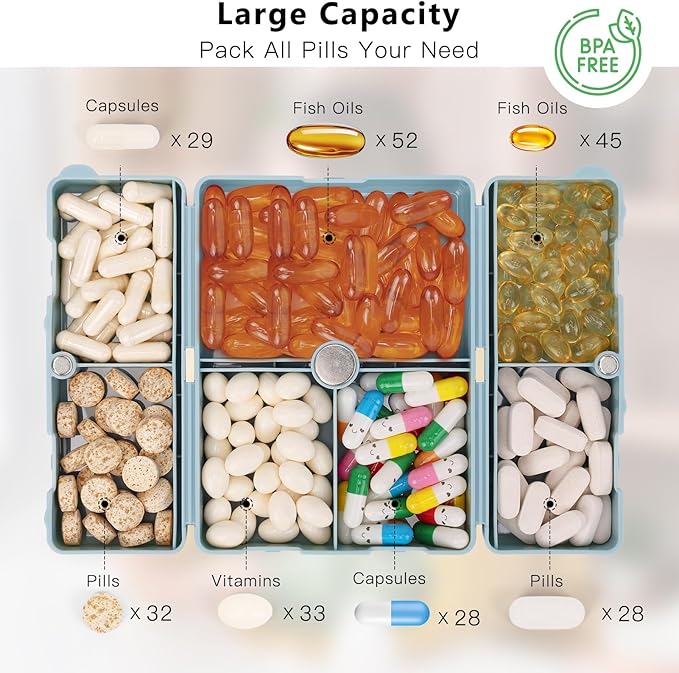 FYY Daily Pill Organizer,7 Compartments Portable Travel Pill Case/Box for Purse Pocket to Hold Vitamins,Cod Liver Oil,Supplements and Medication-SkyBlue, [Folding Design]