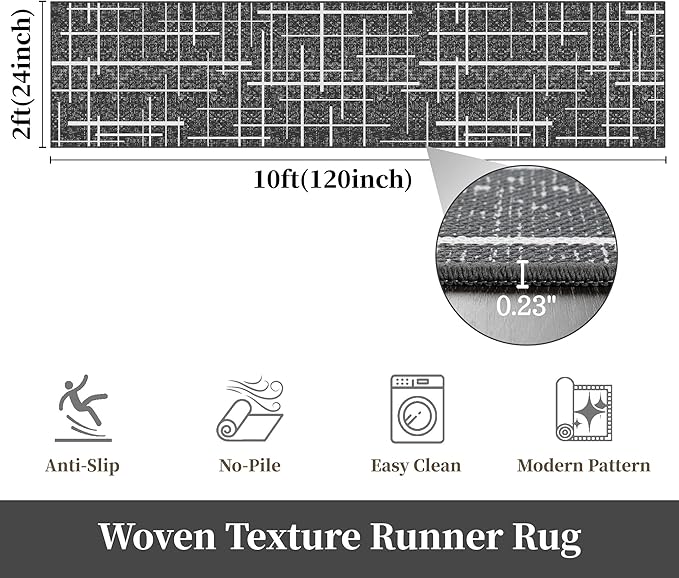 Non Slip Hallway Runner Rug 2x10, Gray Modern Distressed Stripe, Washable Long Rug, Woven Thin Low Pile Carpet Runners for Hallway 10ft Entryway, Kitchen, Walkway- Gray