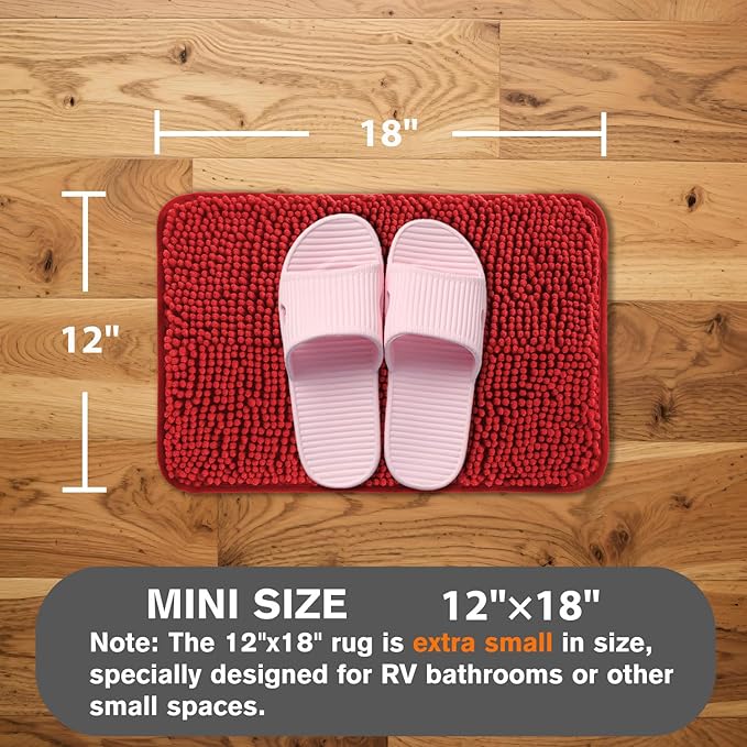 Small Bathroom Rug 12"x18" – Washable and Absorbent Bath Mat, Non Slip, Thick Soft Chenille Bath Rugs for Bathroom, Shower, Sink, Dog Mat(Red)