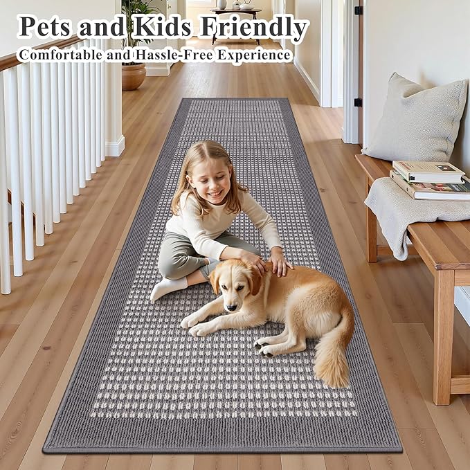 Ileading Runner Rug for Hallways 2.6'x10' Heavy-Duty Durable Entryway Floor Mat with Non Slip Rubber Backing Low-Pile High Traffic Carpet Machine Washable Accent Rugs for Kitchen(Grey)