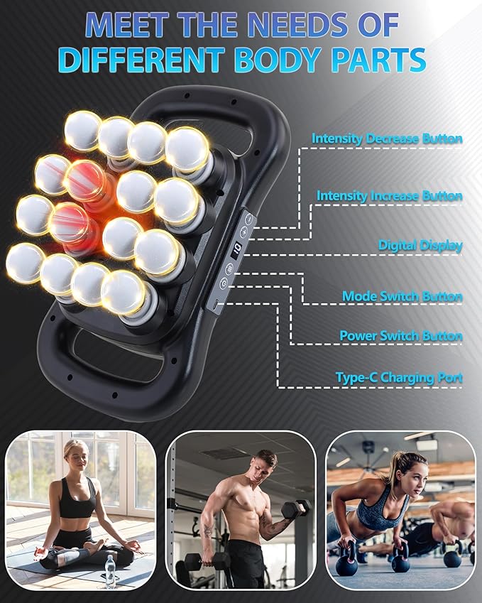 UFFAE 16-Head Massage Gun, Deep Tissue Percussion Massager with 9 Modes & 9 Intensities, 2600mAh Battery Back Massager for Pain Relief Deep Tissue for Muscle Pain Relief in Back, Legs, Shoulders