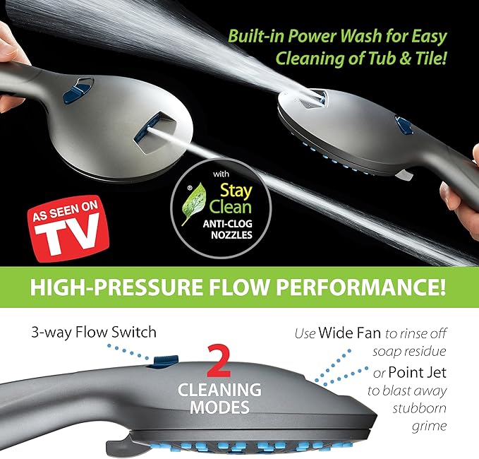 AquaCare High Pressure 8-mode Handheld Shower Head - Anti-clog Nozzles, Built-in Power Wash to Clean Tub, Tile & Pets, Extra Long 6 ft. Stainless Steel Hose, Wall & Overhead Brackets