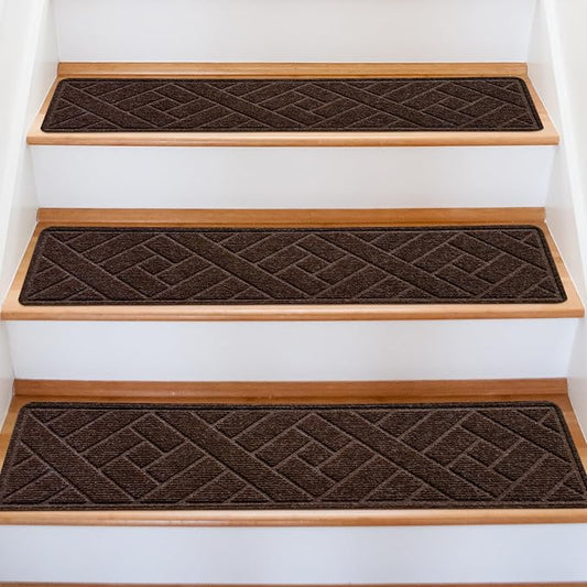 15 Pack 8 "X 30" Non-Slip Carpet Stair Treads for Indoor Wooden Steps, Made of Polyester and Reusable Adhesive, Suitable for Kids Elders and Pets（Brown Lines）