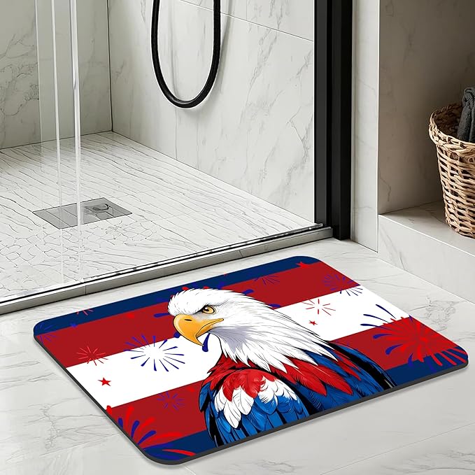 Quick Dry Bath Mat for Bathroom,Super Absorbent Patriotic 4th of July Welcome Bath Rug Non-Slip Rubber,Machine Washable Bathroom Floor Mat for Shower, Tub, Sink Area Independence Day Eagle 16x24