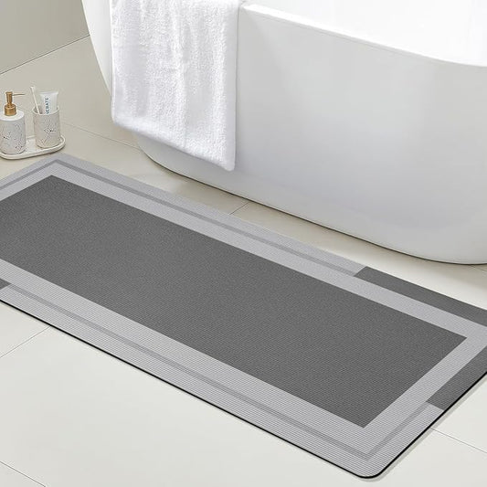 ACCUMTEK Non Slip Bath Mat, Thin Bathroom Rugs Fit Under Door, Quick Dry Bath Mats, Machine Washable Bath Rugs for Bathroom, Bathtub & Kitchen, Grey/Bordered/59 x20