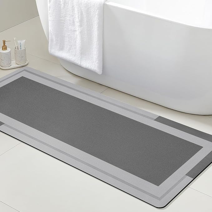 ACCUMTEK Non Slip Bath Mat, Thin Bathroom Rugs Fit Under Door, Quick Dry Bath Mats, Machine Washable Bath Rugs for Bathroom, Bathtub & Kitchen, Grey/Bordered/48 x20