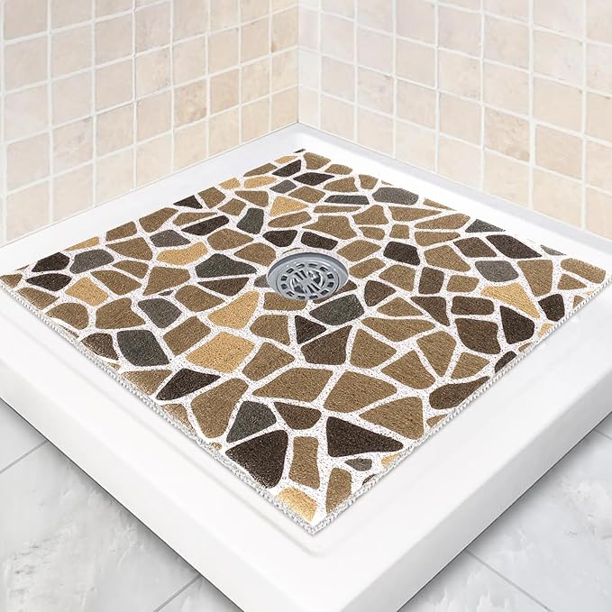 Square Shower Mat Non Slip: 36 x 36 Inch Extra Large Shower Mats with Drain Hole in Middle - PVC Loofah Anti Slip Shower Floor Matt for Inside Shower