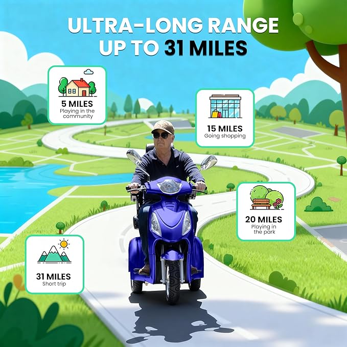 Super Large Electric 4 Wheel Mobility Scooters, Heavy Duty 800W Wheelchair Device, 25 Miles Long Range, All Terrain Mobility Scooter，Speed Adjust, Remote Key,Receive Ready to Ride (3 Wheel -Blue)