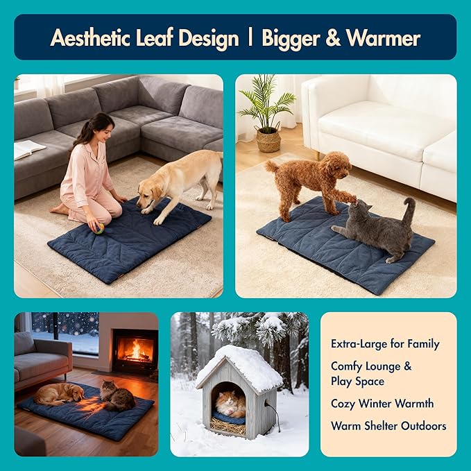 Vagascape Dog Bed, Waterproof Pet Bed with Washable Removable Cover, Comfort Cat Dog Pad for All Seasons, Heating Navy Blue Rectangle Cat Mat with Nonskid Bottom(31"x20")