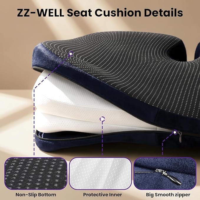 ZZ-WELL Seat Cushions for Office Chairs - Ergonomic Tailbone Pain Pressure Relief Seat Cushion - Extra Large & Thick Design Memory Foam Office Chair Cushion, 21.2" W X 16.5" L (Blue)