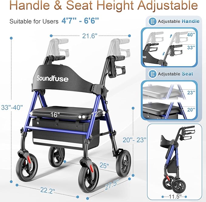 SOUNDFUSE Walkers for Seniors, Rollator Walker with Seat, 8" All Terrain Wheels, Double Support Bar, 16" Ergonomic Arc Seat and Comfortable Backrest, Dual Height Adjustable and Foldable Design