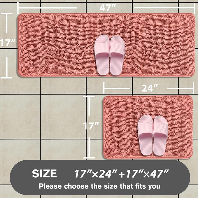 Bathroom Rugs Sets 2 Piece – Absorbent and Washable Bath Mat, Non-Slip, Thick Soft Chenille Bath Rugs for Bathroom Floor, Shower, Sink(17" x 24"+17" x 47", Coral)