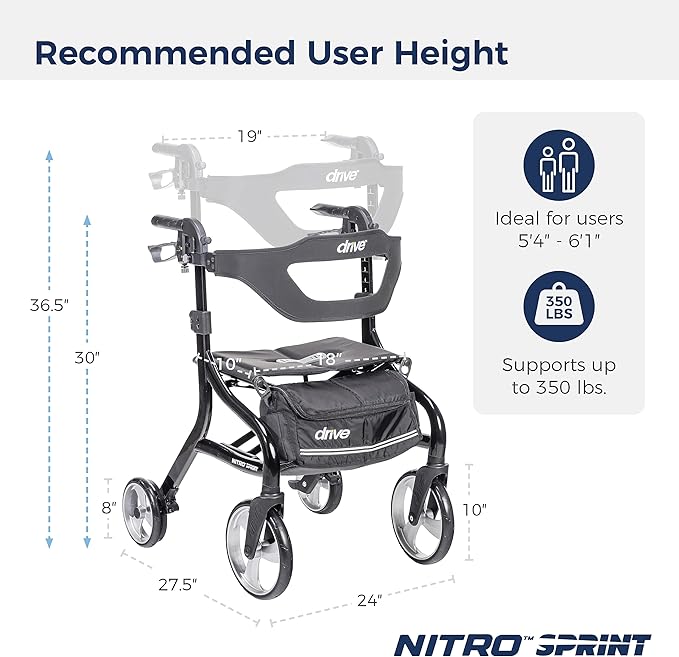 Drive Medical Nitro Sprint Foldable Rollator Walker with Seat - Lightweight Support - Large Wheels - Compact Folding Design - Adjustable Comfort - Standard Size - Black