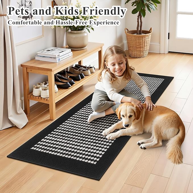 Ileading Laundry Room Runner Rug 2x5ft Non Slip Farmhouse Kitchen Floor Mats with Rubber Backing Machine Washable Indoor Doormat Low-Profile Carpet for Hallway Entryway(Black&White)