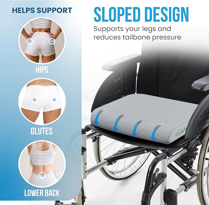 Extra Large Memory Foam Seat Cushion - Wheelchair Cushion Pad, Anti-Slip, Removable Strap, Coccyx Pain Relief, 19” X 17” X 3” (Gray)