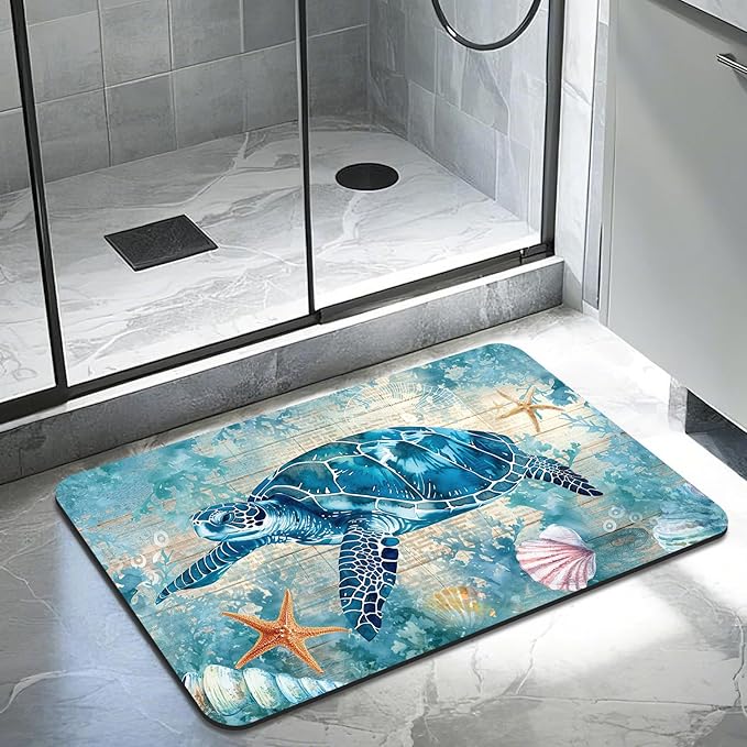 Quick Dry Bath Mat for Bathroom,Super Absorbent Turtle Bath Rug Non-Slip Rubber Backing,Machine Washable Bathroom Floor Mat for Shower, Tub, Sink Area Beach Seashell Ocean Blue 16x24