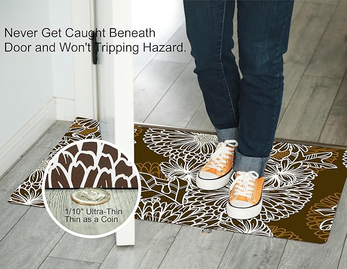 1/10 Inch Ultra Thin 24"×35" Large Front Door Mat Indoor Entrance Inside Non Slip, Waterproof Rubber Kitchen Mat and Interior Home Washable Door Mat, Coffee Brown