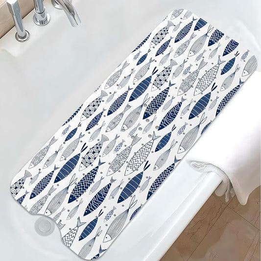 Fish Bathtub Mat Non Slip, Boho Baby Bath Mat for Tub Rubber Tub Mat, Cute Kids Bath Mats for Bathroom Ocean Anti Slip Shower Mat with Suction and Drain Holes Machine Washable, 40″X16″