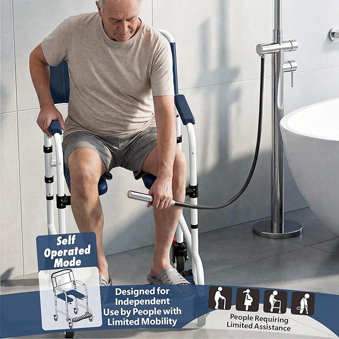 Shower Chair with Wheels, Two Modes Bedside Commode with Wheels, Aluminum Shower Wheelchair with Footrest, Portable Toilet with Bucket for Elderly and Disabled, 300 LBS Weight Capacity