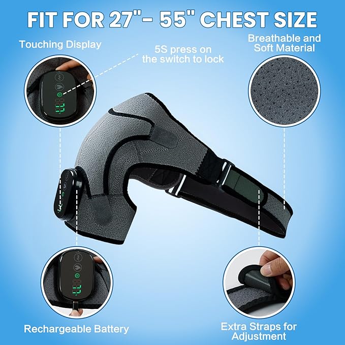 Cordless Shoulder Heating Pad with Massage, Electric Heated Shoulder Wrap with 3 Vibration & 3 Heat, Heating Pads for Rotator Cuff and Frozen Pain Relief,5000mAh Chargeable Powered,Men&Women