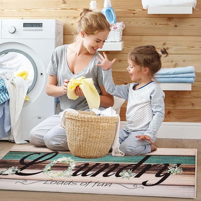 XLHOMO Non-Slip Laundry Rug 20"x47" - Multi Floral Low-Pile Comfort Cushion Machine Washable Mat, Modern Farmhouse Runner for Laundry Room, Entryway & Kitchen