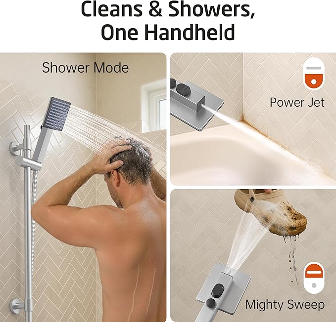 KES 30-Inch All-Metal Shower Slide Bar with Handheld Shower Head, Built-In Power Wash & Patented Auto-Reset, Adjustable Brackets Cover Hole, 18/8 Stainless Steel Slide Bar Shower System, Brushed Steel