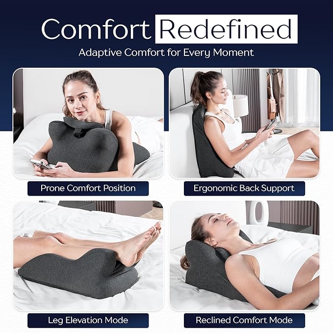 Contoured Memory Foam Pillow with Removable Headrest, Wedge Pillows, Massages, Reading, Relaxing & Leg Elevation, Removable Washable Cover, Anti-Slip Base