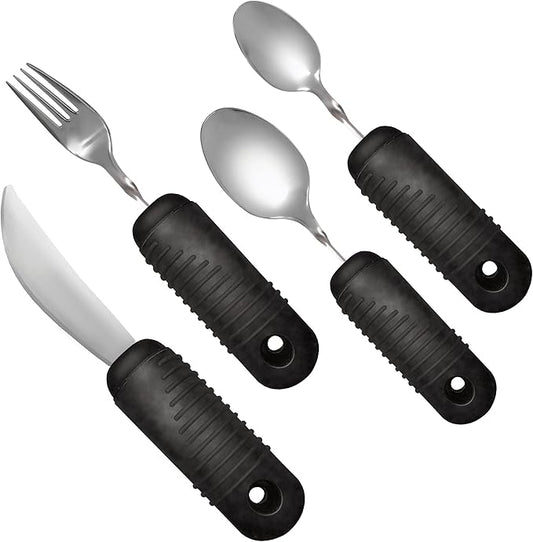 Rehabilitation Advantage Easy Grip Utensil Set with Built-up Handles , Black , 4 Count (Pack of 1)