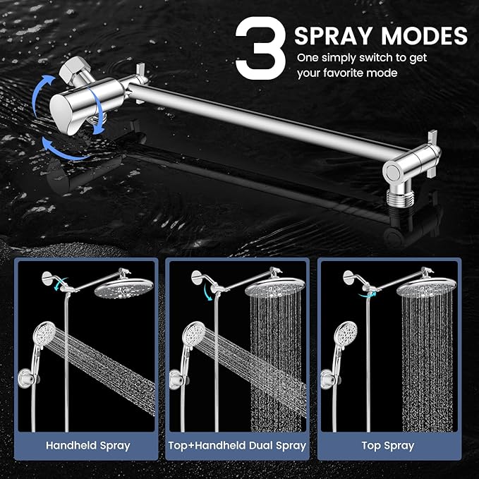 FEELSO 10" High Pressure Shower Head Combo with Handheld Spray, 16 Settings, 11" Adjustable Arm, ON/OFF Pause Switch (Chrome)