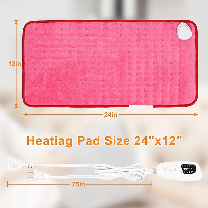 Deepsoon Heating Pad,Electric Heating Pads for Back,Neck,Moist Heating Pad for Abdomen Shoulder Knee Legs,Dry/Moist Heat&Auto Shut Off,Mother's Day Birthday for Men and Women,Fuchsia,24x12 Inch