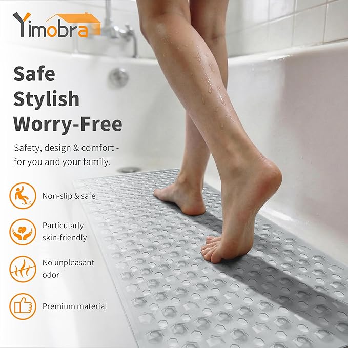 Yimobra Bath Tub Mat Non Slip, 34.5"x15.5" Long Shower Mat, Machine Washable Bathmat with Drain Holes and Suction Cups, Soft on Feet, Bathroom Essentials, Clear