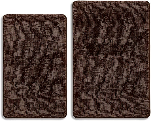 Brown Bathroom Rugs Sets 2 Piece – Absorbent and Washable Bath Mat, Non-Slip, Thick Soft Chenille Bath Rugs for Bathroom Floor, Shower, Sink - 20" x 32"+24" x 36"