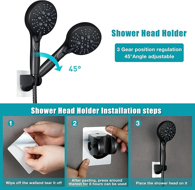 GwernKB Handheld Shower Head with on off Switch&Built-in Power Spray,7-Setting High Pressure Spray Shower Wand with 79in Long Hose&Bracket and Extra Adhesive Shower Holder for Lower Mount,Black