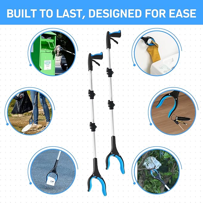 Grabber Reacher Tool for Seniors,36" Foldable Reacher Grabbers Pickup Stick with Anti-Slip 360° Rotating Jaw，with Magnet for Disabled, After Surgery Recovery (Blue, 36inch 2pack)
