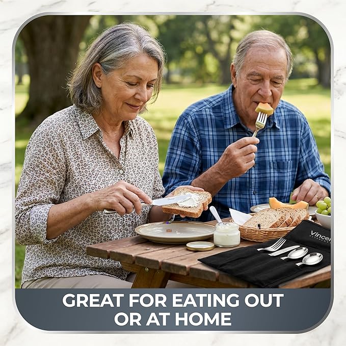 Weighted Utensils for Tremors and Parkinsons, Heavy Weight Stainless Steel Silverware Set, Adaptive Eating Flatware Helps Hand Tremors, Parkinsons Aids for Living, Arthritis - Knife, Fork, Spoons, 7oz