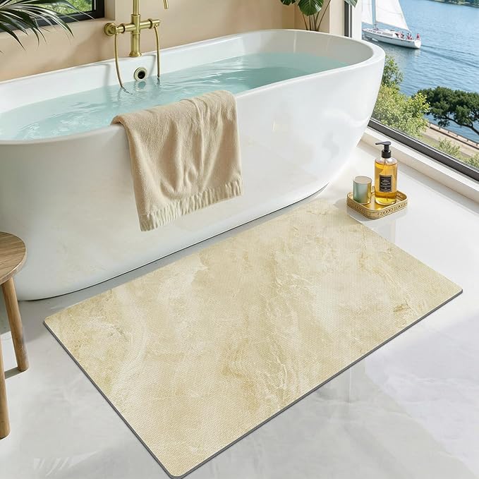 LUMI Ultra Thin Bath Mat, Super Absorbent Quick Dry Bathroom Rugs, Non-Slip Bathroom Mats, Marble Bathmats Fit Under Door, Bathtub, Sink, Shower Room, 24"x36", Beige
