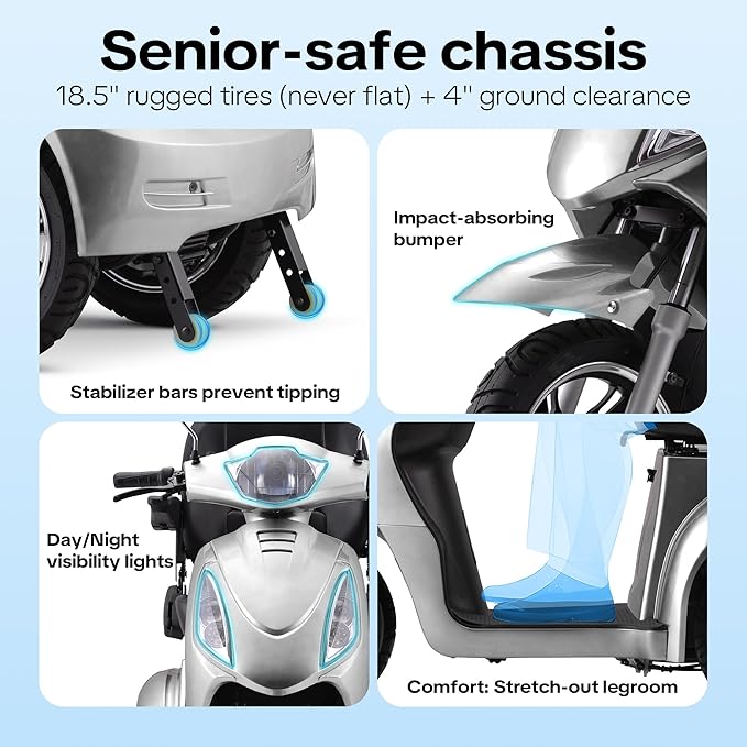Super Large Electric 4 Wheel Mobility Scooters, Heavy Duty 800W Wheelchair Device, 25 Miles Long Range, All Terrain Mobility Scooter，Speed Adjust, Remote Key,Receive Ready to Ride (3 Wheel-Silver)