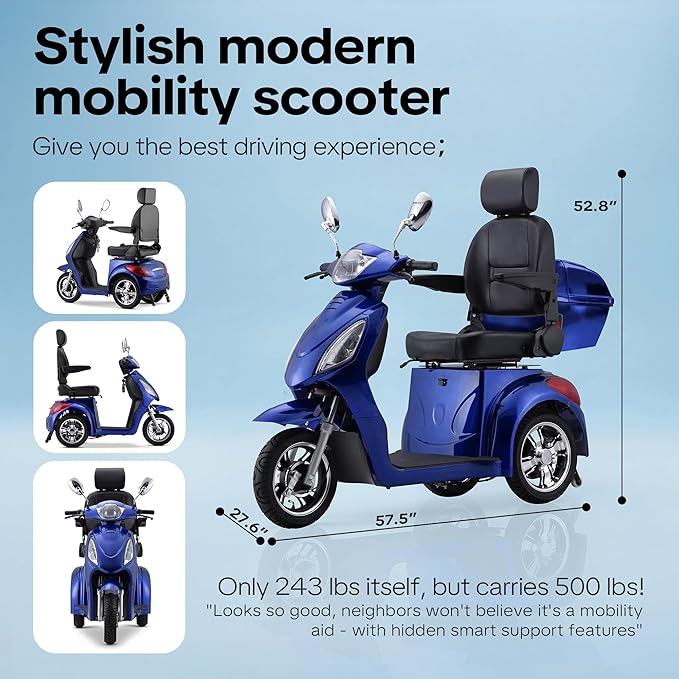 Super Large Electric 4 Wheel Mobility Scooters, Heavy Duty 800W Wheelchair Device, 25 Miles Long Range, All Terrain Mobility Scooter，Speed Adjust, Remote Key,Receive Ready to Ride (3 Wheel -Blue)