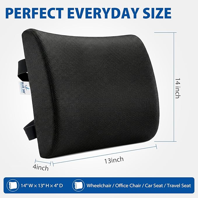 Blue Jay Memory Foam Lumbar Support for Wheelchair - Orthopedic Back Cushion for Elderly, Posture Correction & Lower Back Pressure Relief - Breathable Mesh