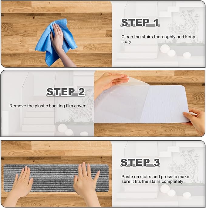 Stair Treads for Wooden Steps - Non Slip Stairs Carpet Tape Peel and Stick with Double Adhesive Tape Set of 15 Stripe- Light Grey