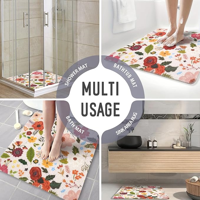 Square Shower Mat, 24 x 24 Inch Non Slip Flower Shower Stall Mat, Quick-Dry PVC Loofah Bath Mat for Shower Tub Bathroom