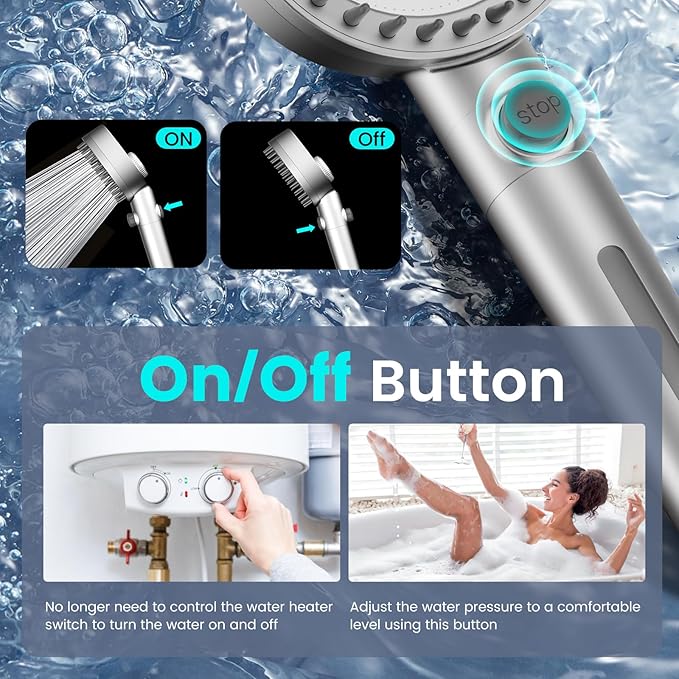 PWERAN Filtered Shower Head with Handheld, High Pressure 4 Spray Mode Showerhead with Filters, Water Softener Beads for Hard Water with ON/OFF Switch for Pets - Remove Chlorine (Silver, 5 inch Panel)