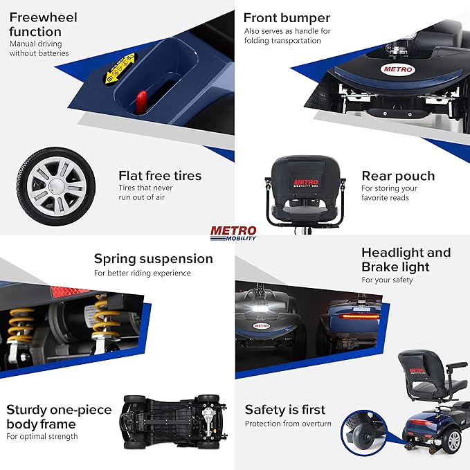 Metro Mobility 4 Wheel Powered Mobility Scooters for Seniors - 300 lbs Capacity Electric Scooter with Seat for Adults, Travel - Long Range Power Extended Battery - Blue