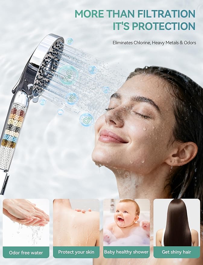 Magichome Filtered Shower Head with Handheld, High Pressure 10-Spd Detachable Chrome Showerhead with Stainless Hose, Water Softener Filter Beads for Hard Water - Remove Chlorine, Reduce Dry Itchy Skin